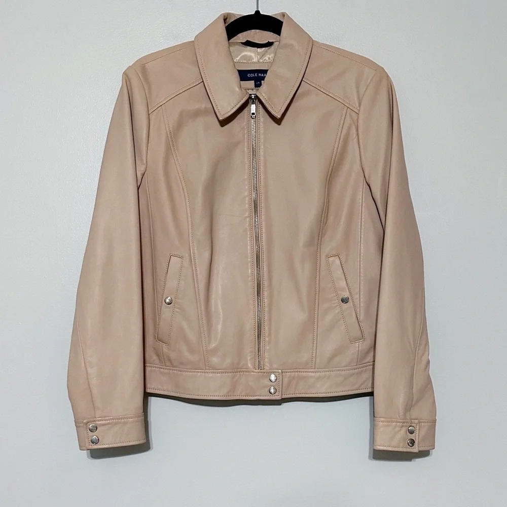 Cole Haan Smooth Lambskin Leather Moto Jacket‎ Nude Pink Size Large